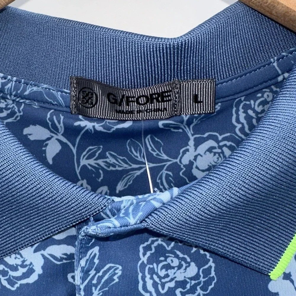 New G/Fore Large Golf Polo Peony Sketch Tech Jersey Floral Print Slate‎ Blue